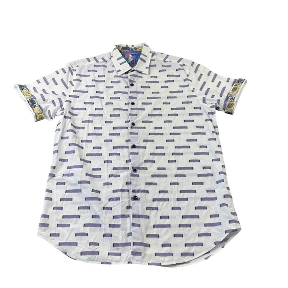 Robert Graham White Purple Abstract AOP S/S Button Front Size Medium - Picture 2 of 6